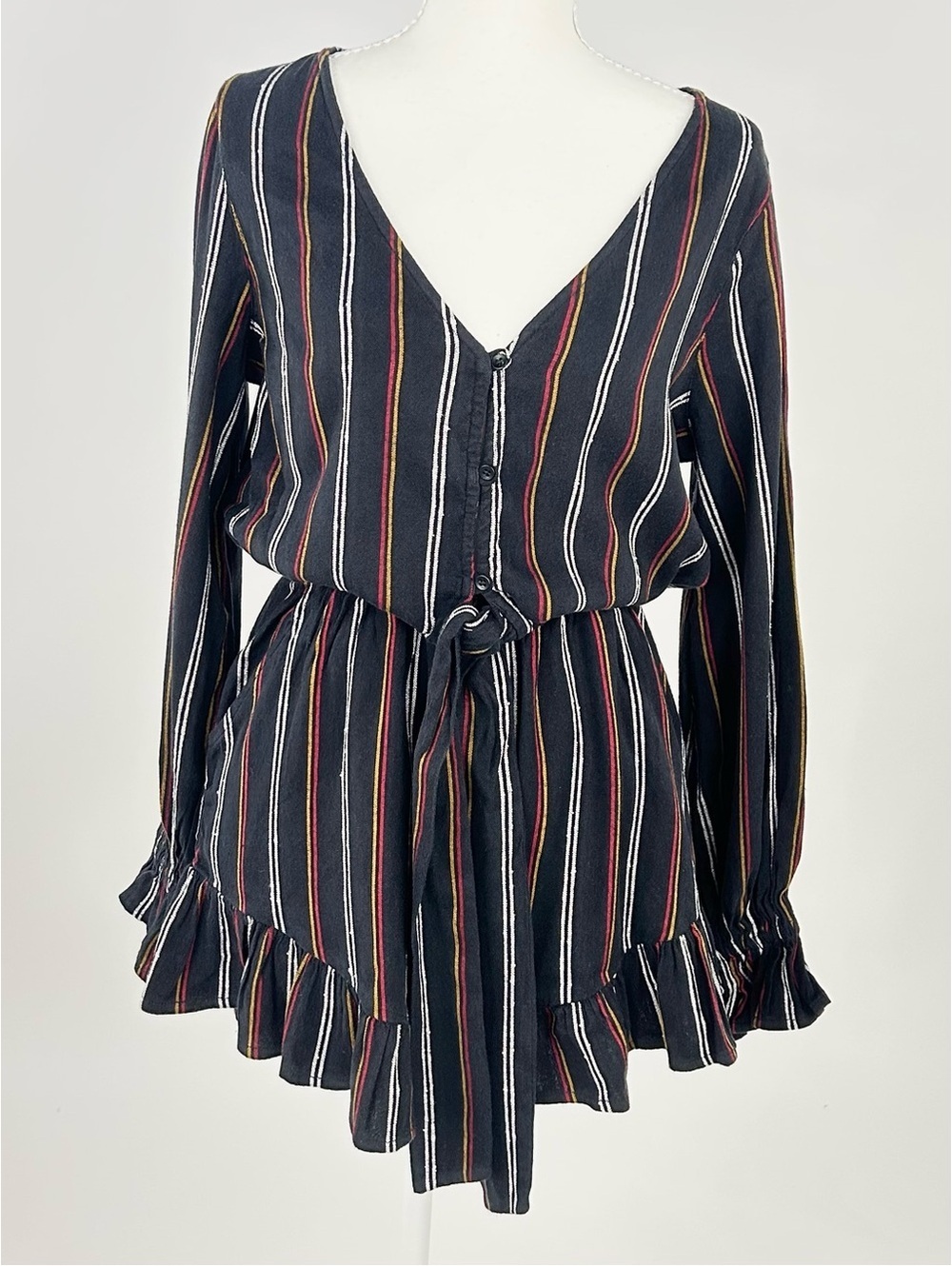 Billabong Charcoal Stripe Ruffle Romper Boho Festival Tie Waist Size M